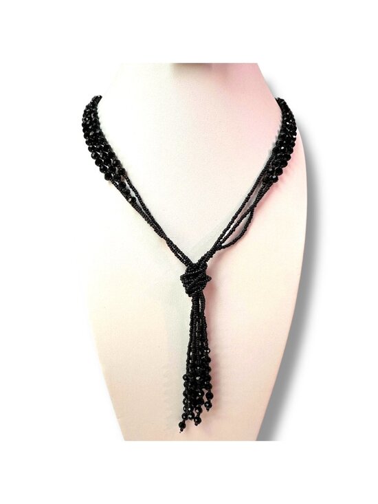 Unknown Jewelry - Vintage Handcrafted Jet Black Glass Bead Statement Necklace, Faceted Beads. Seed